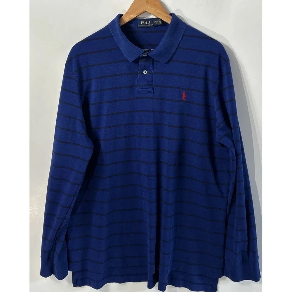 Mens Polo Ralph Lauren Blue Black Striped Rugby Style L/S Polo Shirt Sz XL/XXL